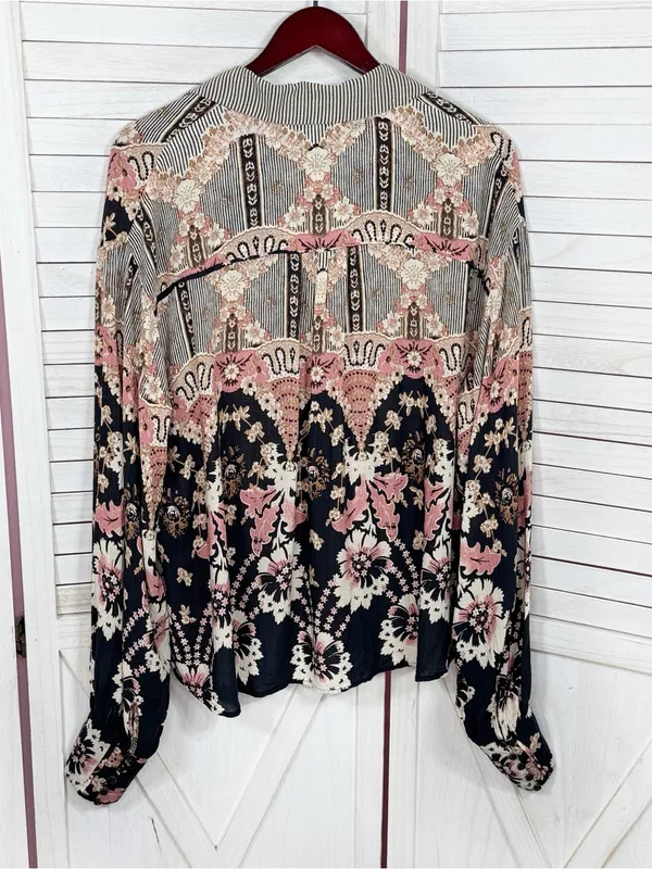 Free People Virgo Baby Floral Boho Oversized Button Up Shirt Black‎ Multi Medium - Image 9