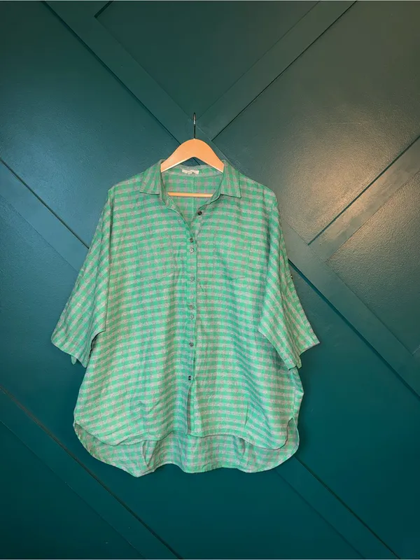 easel Mint Green Gingham Button-Up Tunic Top Relaxed Fit Cottagecore - Image 3