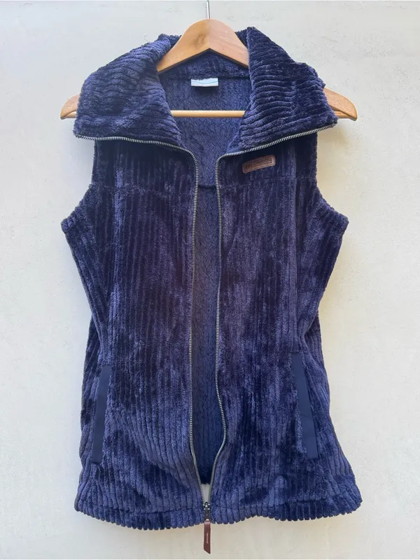 Columbia Fleece Vest Navy Blue Full Zip Hooded Collar Outdoor Hiking Small - Image 4