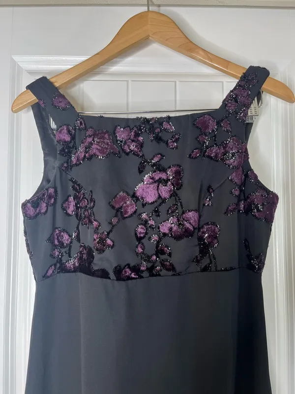 Rhapsody Vintage Y2K Black Formal Dress Whimsigoth Purple Floral Crushed Velvet Size 8 - Image 3
