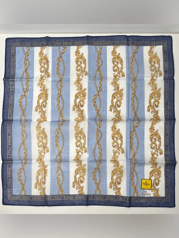FENDI Logo Vintage Baroque Chain Print Cotton Scarf Handkerchief Bandanna - Image 2