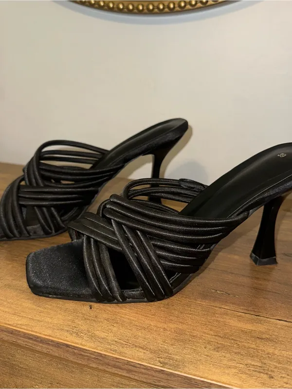 Black Strappy Heeled Sandals - Women's Dress Mules - Image 5
