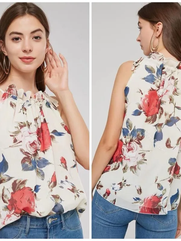 Womens Off White Floral Tank Top Blouse Large Sheer Sleeveless Boho Flow - Image 2