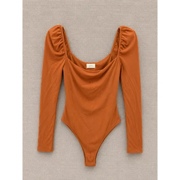 Wilfred Women Bodysuit L Copper Brown Cowl Neck Puffed Shoulder Ribbed 73611 - Image 2