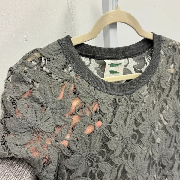 Anthropologie Grey Floral Lace‎ Short Sleeve Tunic Dress Top Medium Sheer Summer - Image 5