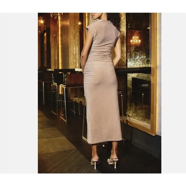 Dress Forum Tan Metallic Glitter High Neck Ruched Slit Bodycon Midi Dress Small - Image 3