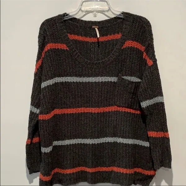 Free People Oversized Sweater with Stripes Size Small Gray with Blue Str… - Image 2