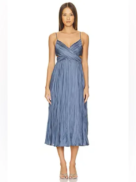 ASTR Capitola Pleated Blue Satin Midi Dress Large Wedding Guest Romantic Party - Image 3