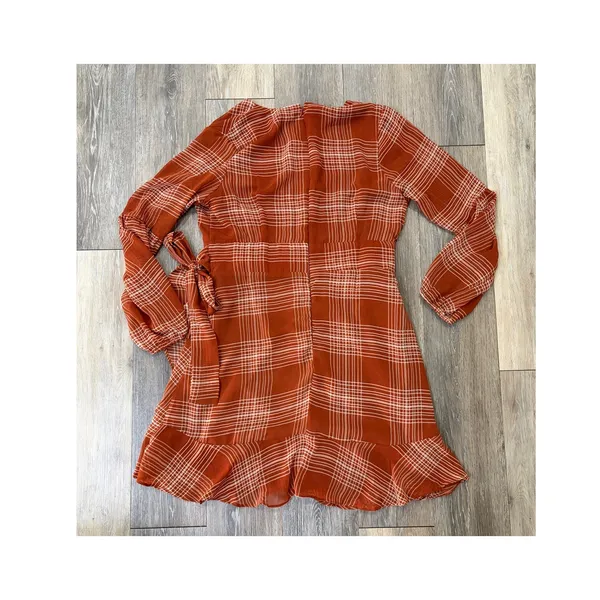 Altar'd State Rust Plaid Wrap Dress Long Sleeve Tie Waist Ruffle L - Image 3