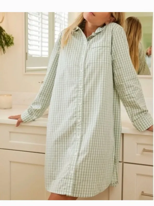 Lake Pajama Shirt Dress Gingham‎ Cotton Nightdress Womens XS - Image 7