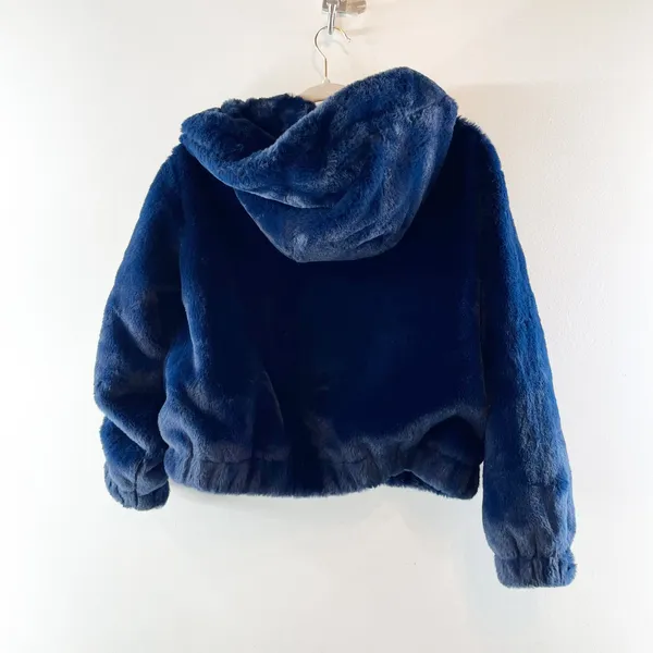 Philosophy Full Zip Hooded Faux Fur Jacket Navy Blue Small - Image 3