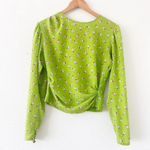 Ungaro Green Floral Satin Twist Front Blouse Puff Sleeve Size 8 - Image 3