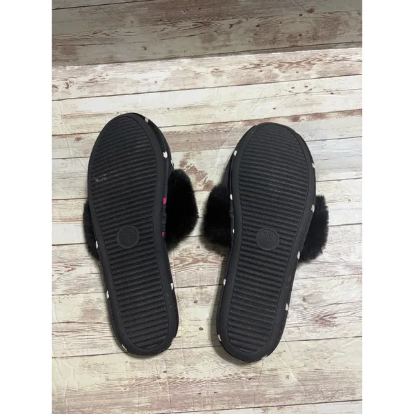 Victoria's Secret Satin Slippers House Shoes Hearts Fuzzy Black Size Large - Image 5