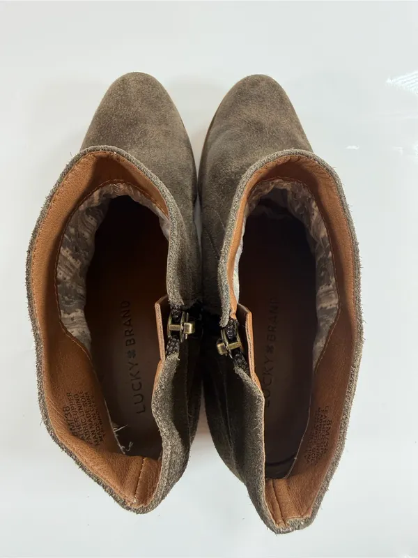 Lucky Brand Suede Ankle Boots‎ Brown Side Zip Low Heel Women Size 8 - Image 8