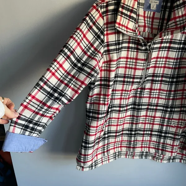 L.L. Bean Red White Blue Americana Plaid Quarterzip Pullover size Large Campcore - Image 3