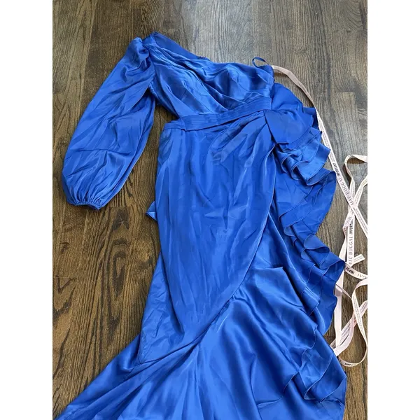 Mac Duggal Pleated Cascade Detail One-Shoulder Satin A-Line Gown Size 6 Cobalt - Image 5