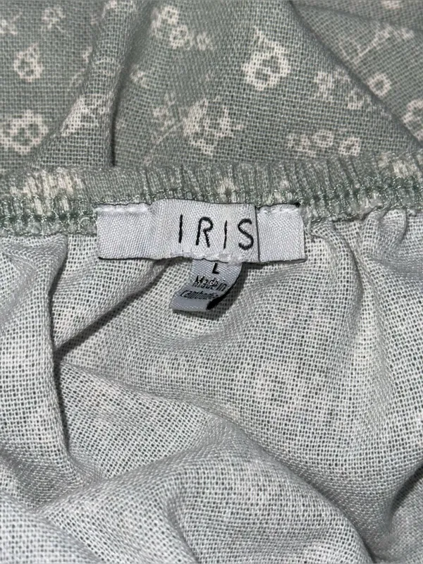 Iris Sage Green Floral Linen Blend Mini Dress L Puff Sleeve Cinched Waist Cottagecore - Image 6