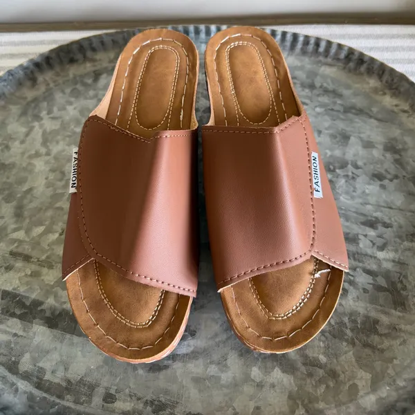 Women's NEW Wedge Slip On Tan Colored Open Toe Shoe #260768 - Image 2
