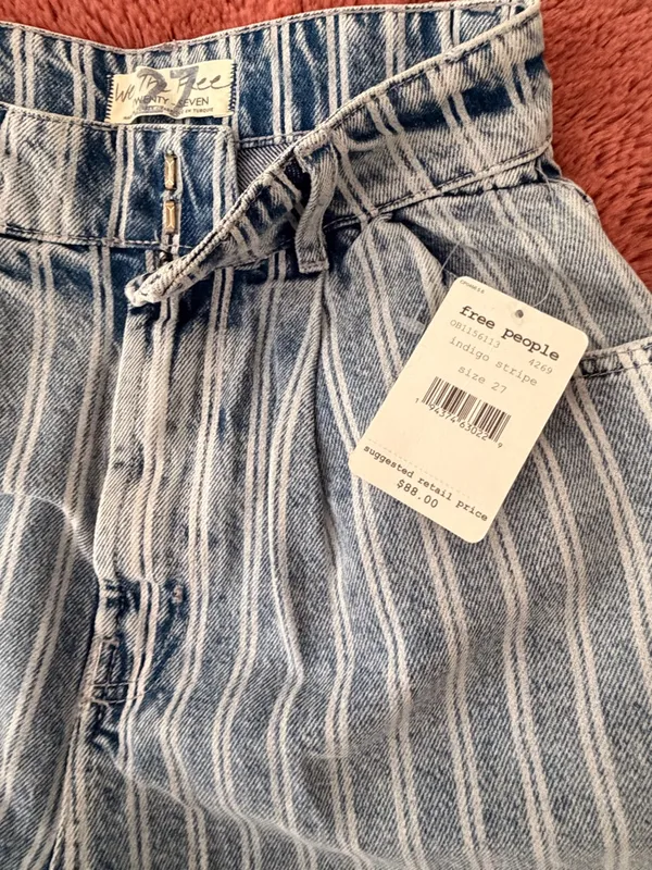 Free People Blue and White Striped Denim Shorts - Image 2
