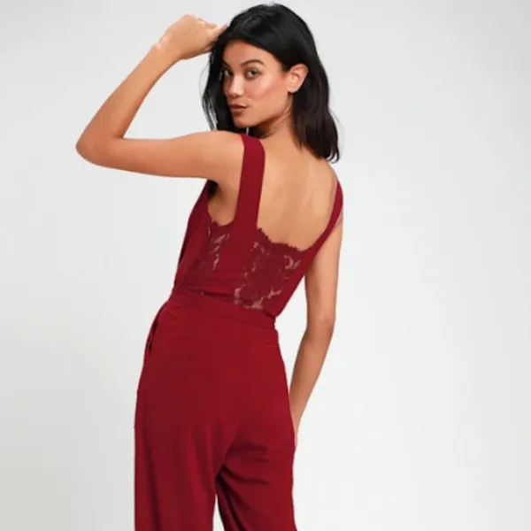 LULU's Sexy Elegant Chic Lace Minimalistic Wedding Burgundy Wide Leg Jumpsuit - Image 5