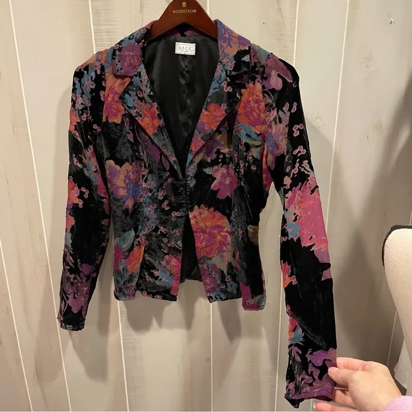 Vintage 90s-Y2K crushed velvet floral whimsigoth lightweight blazer mesh sheer - Image 6