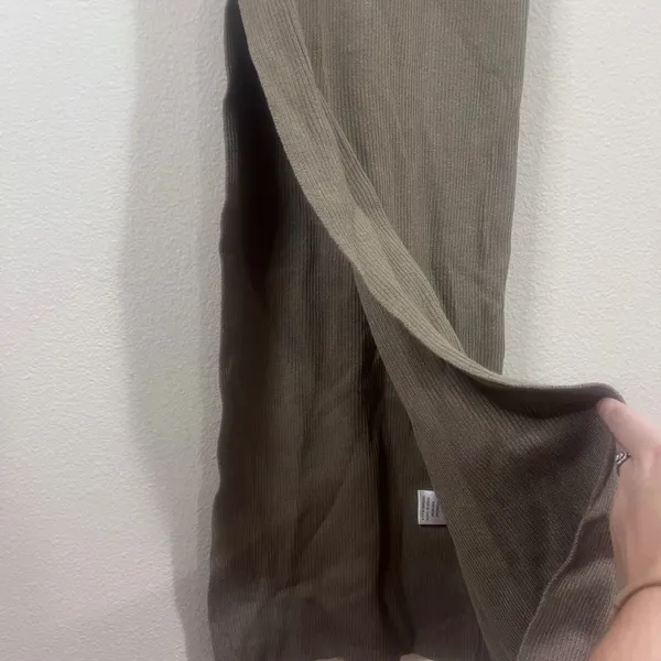 Long-Sleeve Asymmetric Midi Dress in Taupe - Image 8