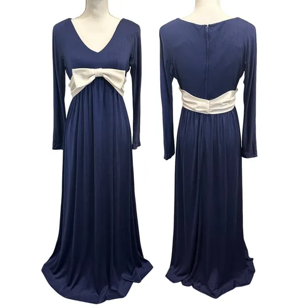 VTG‎ 70s Blue Bucolic Maxi Dress Bow Accent Boho Hippie Victorian Edwardian XS - Image 2
