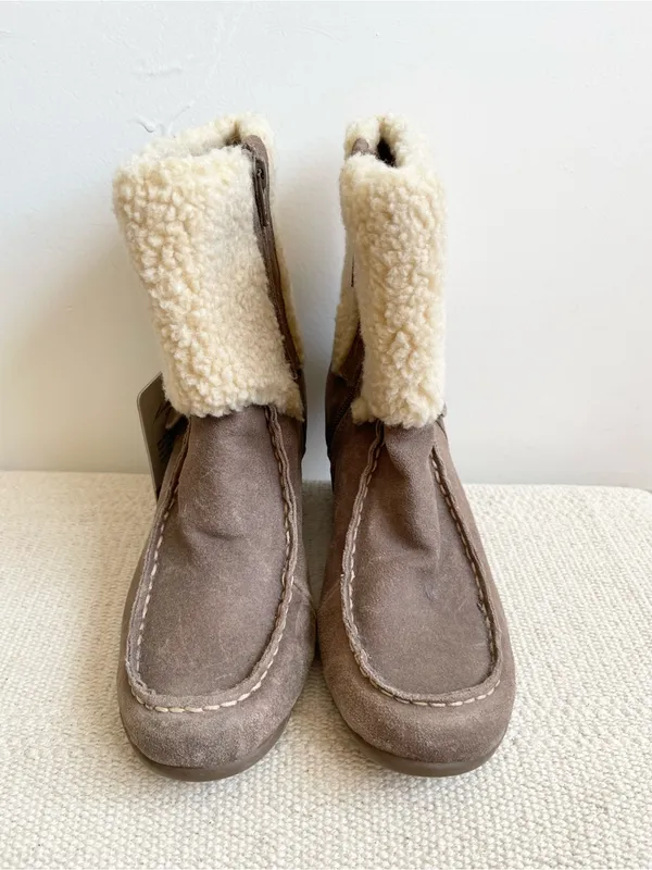 Eddie Bauer Womens Faux Fur Cuff Leather Wedge Boots Size 6.5 Tara Choc - Image 2