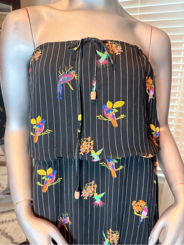 O'Neill Medium Strapless Tropical Bird Print Dress Black Pinstripe Boho Summer - Image 3
