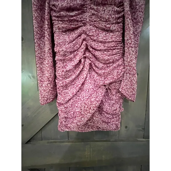 Bardot Pink Floral Ruched Mini Dress Keyhole Long Sleeve XS Fairycore Boho - Image 5