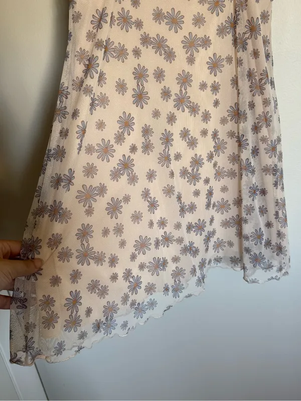 Altar'd State Cream Pink Floral Mesh Spaghetti Strap Mini Dress Ruched Size M - Image 4