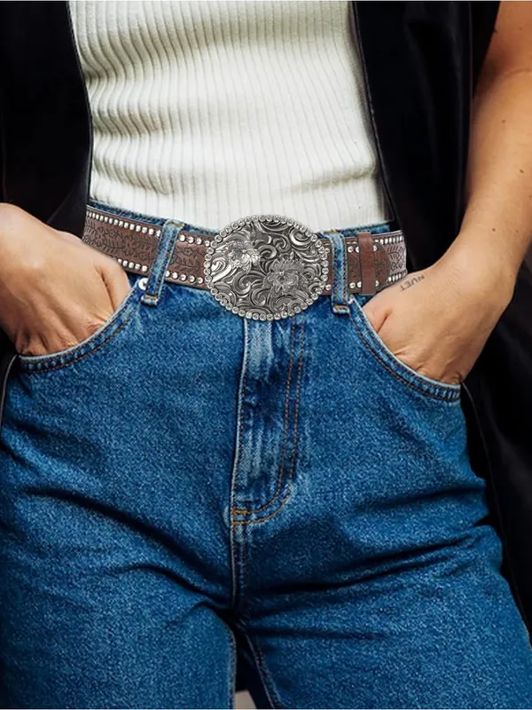 Western Tooled Large Buckle Belt with Rhinestones Brown - Image 3
