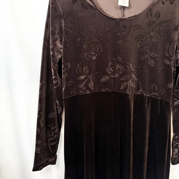 VTG Dress Brown Velvet Burnout Sz 12 Rose Print‎ A-Line Y2K 90s Long Sleeve 1590 - Image 5