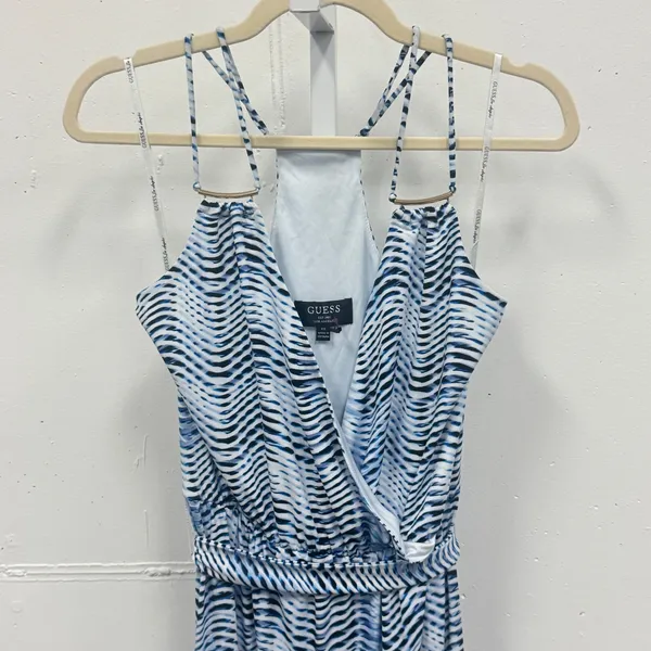 Guess Blue White Wavy Abstract Print Halter‎ Maxi Dress XS Wrap Front Tie Waist - Image 3