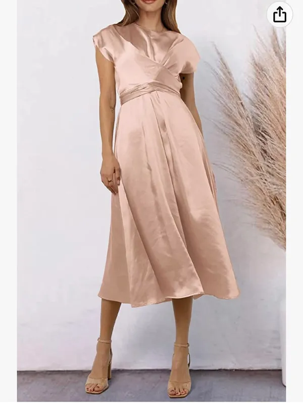PRETTYGARDEN Women's 2023 Summer Satin Midi Dress Cap Sleeve Tie Waist Elegant A-Line Flowy Dresses - Image 6