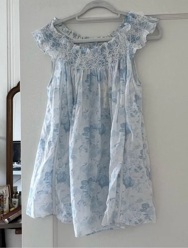 LOVESHACKFANCY Finchley Smocked Mini Dress Blouse Size Petite in Slate Blue NWT - Image 4
