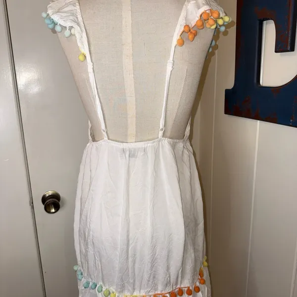 White Dress with Colorful Pom-Pom Accents perfect for Beach Sz L - Image 5