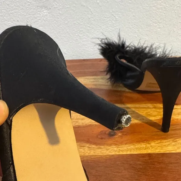 Vintage Y2K Frederick's of Hollywood Black Marabou Feather Satin Peep Toe Heel - Image 9