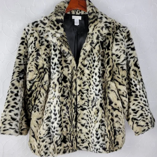 Chico's Womens Jacket Size 1 Cream Black Luxe Cheetah Print Aminal Faux Fur Coat - Image 5
