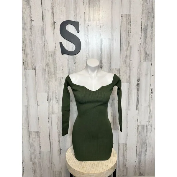 AKIRA Green Ribbed Off Shoulder Long Sleeve Bodycon Mini Dress Size S - Image 2