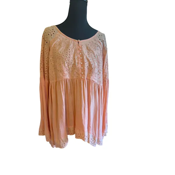 Free People Peach Embroidered Boho Tunic Top Small Sequin Eyelet Bell Sleeve - Image 3