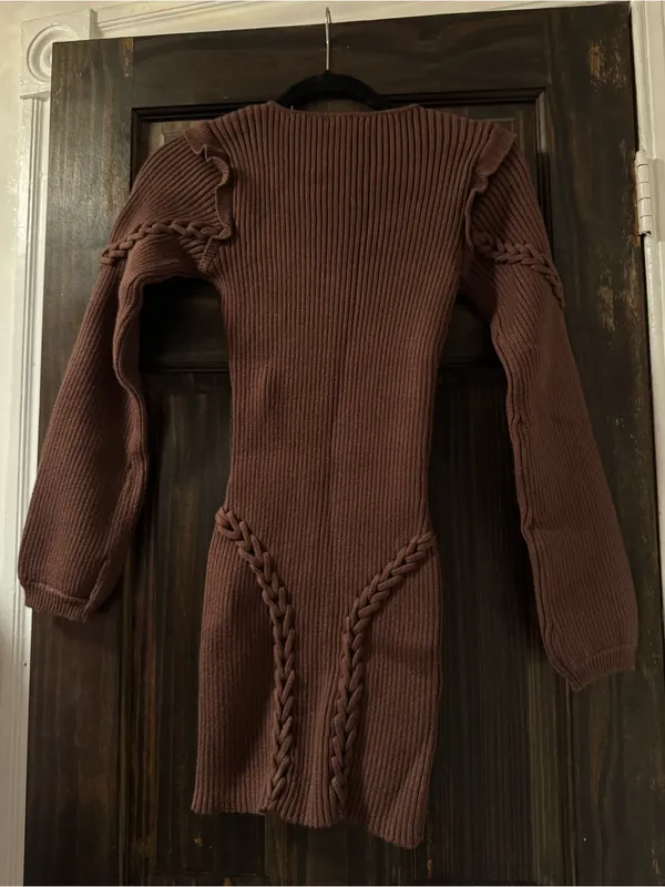 Forever 21 Brown Ribbed V-Neck Sweater Dress with Braided Detail - Image 4
