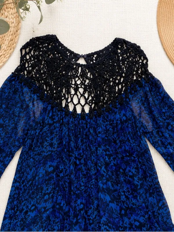 Free People Faded Daisy Frock Dress Tunic XS Blue Black Boho Bell Sleeve - Image 7