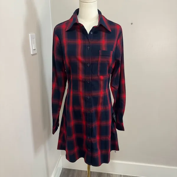 Lulus Red Navy Blue Plaid Cutout Back Mini Shirt‎ Dress NWT Medium - Image 3