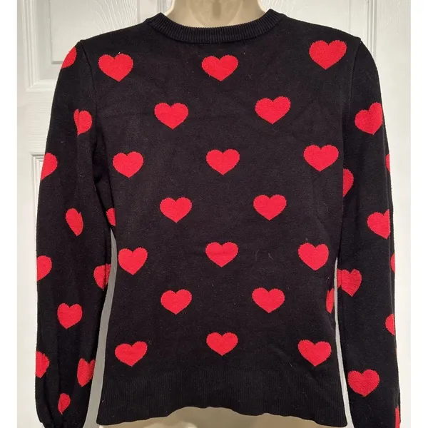 Marled Women's Black & Red Heart Crew Neck Sweater XS Pullover Heart Print - Image 3