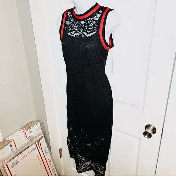 BAKU Fitted Black Lace Midi Dress Red Stripe Trim S - Image 5