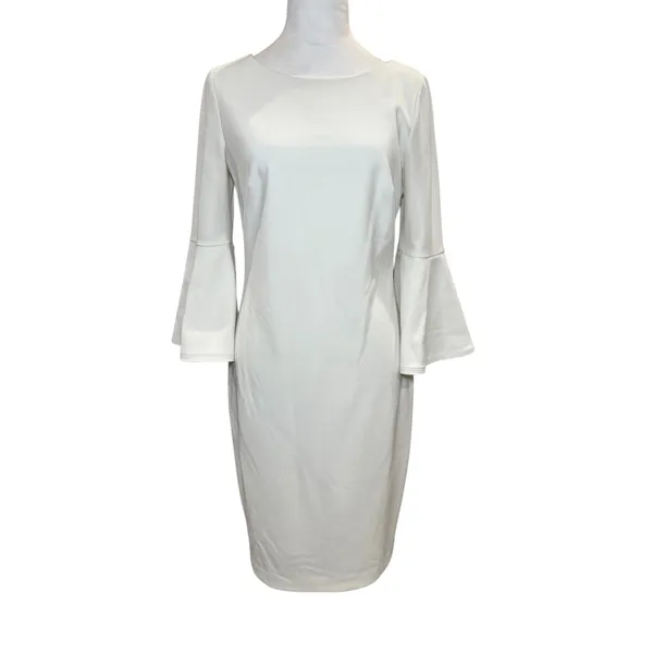 Calvin Klein White Bell Sleeve Gold Zipper Evening Sheath Dress 8‎ Cocktail - Image 3