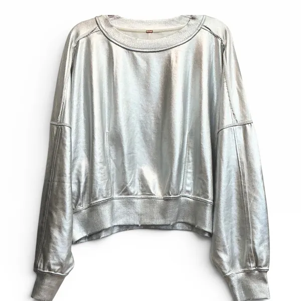 NWT GAIA Free People Metallic Silver Foil Coated Oversized Sweatshirt S Sold Out - Image 4