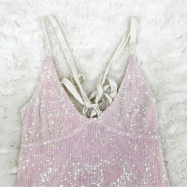 FREE PEOPLE Gold Rush Sequin Mini Dress Iridescent Sheer Cream Size Medium New‎ - Image 5