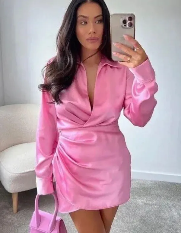 ZARA mini dress satin effect drapped long sleeve pink party wedding coctail - Image 4